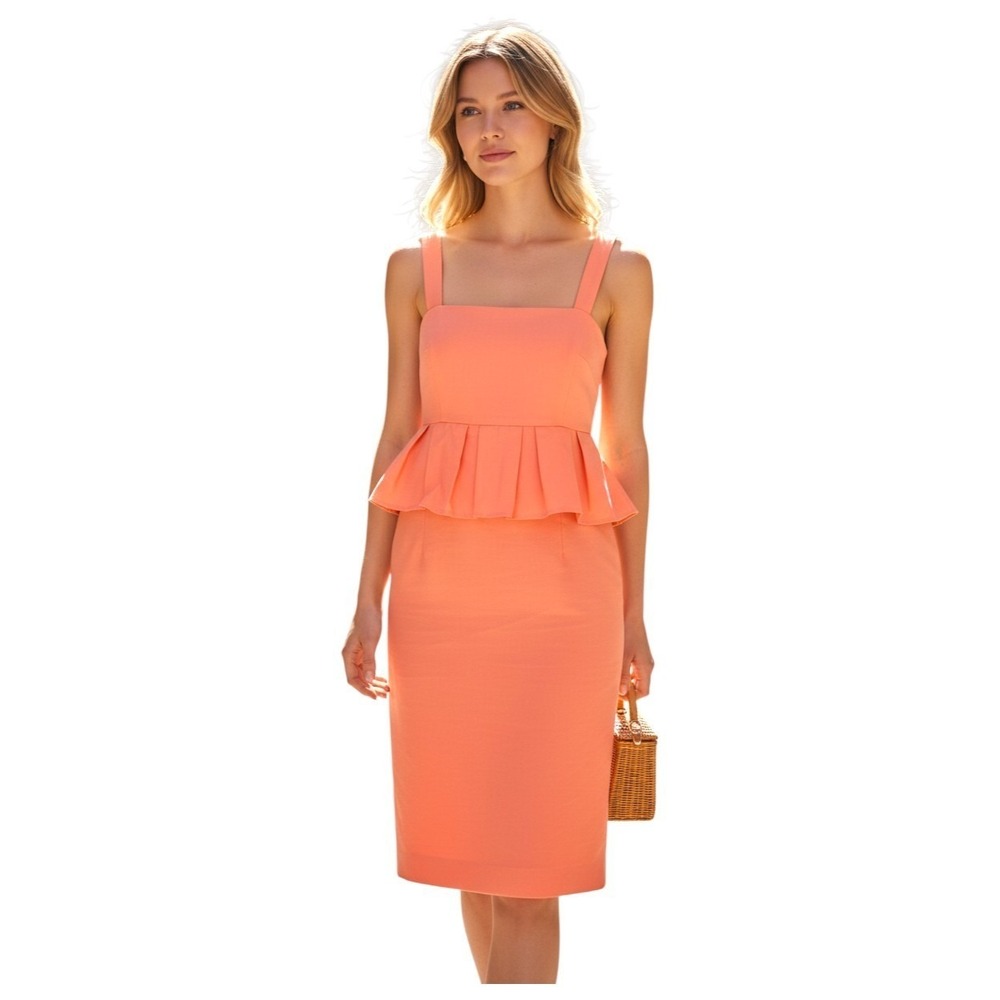 J‎ Crew Coral Peplum Sheath Dress Knee Length Square Neck Sleeveless Size 6
